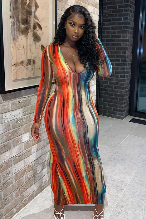 Long sleeve multicolor maxi dress